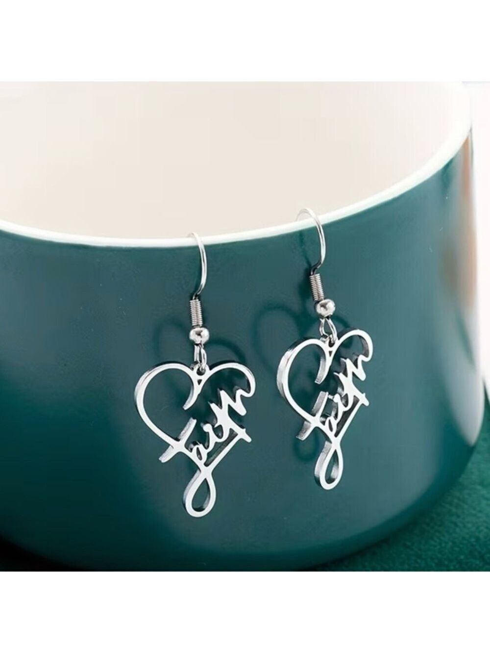 Stainless Steel Faith Heart Dangle Earrings